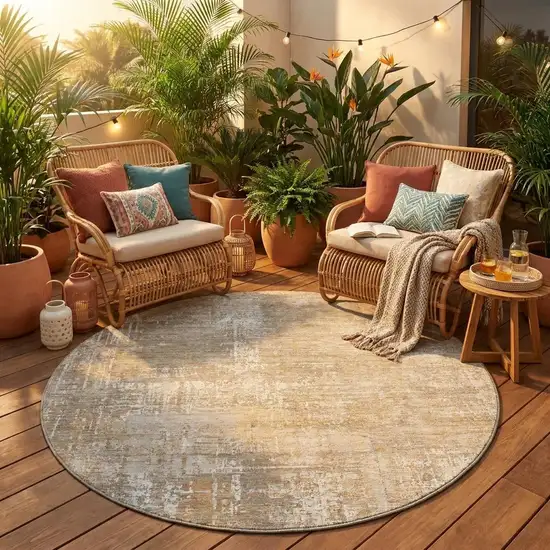 8' Ivory And Blue Round Abstract Washable Indoor Outdoor Area Rug Photo 1