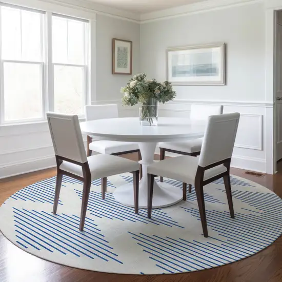 8' Ivory And Blue Round Geometric Washable Indoor Outdoor Area Rug Photo 7