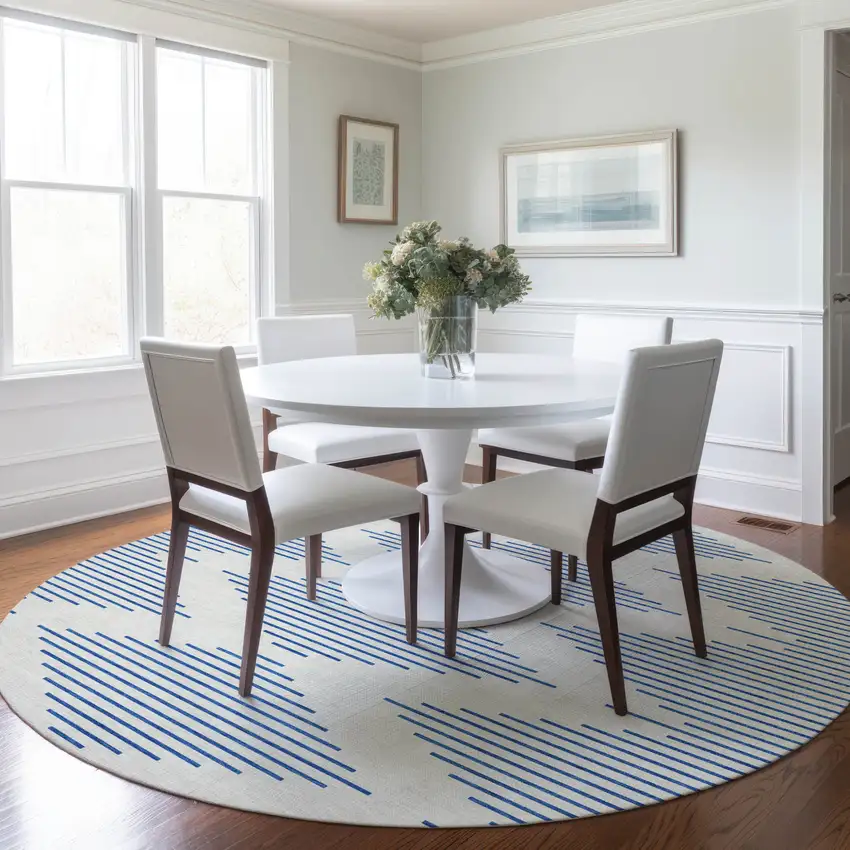 8' Ivory And Blue Round Geometric Washable Indoor Outdoor Area Rug Photo 7