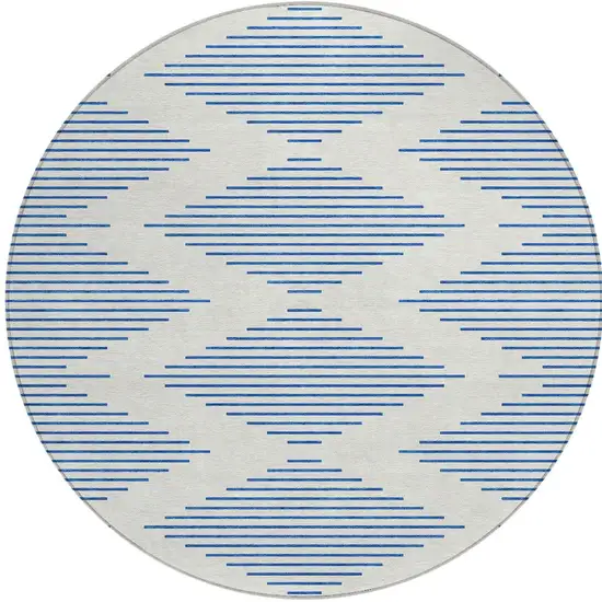 8' Ivory And Blue Round Geometric Washable Indoor Outdoor Area Rug Photo 5