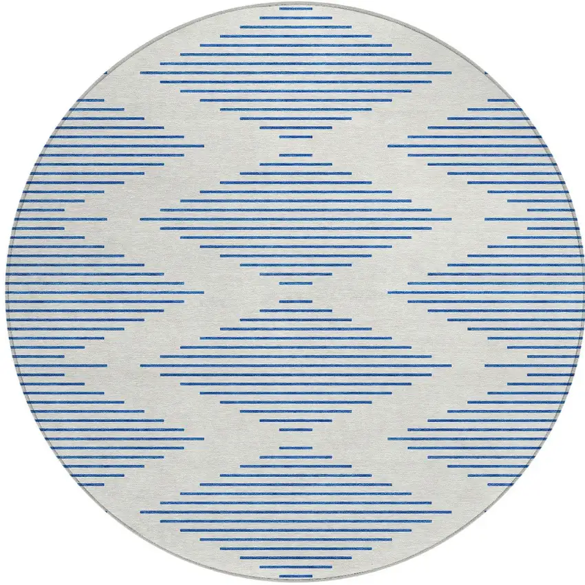 8' Ivory And Blue Round Geometric Washable Indoor Outdoor Area Rug Photo 5