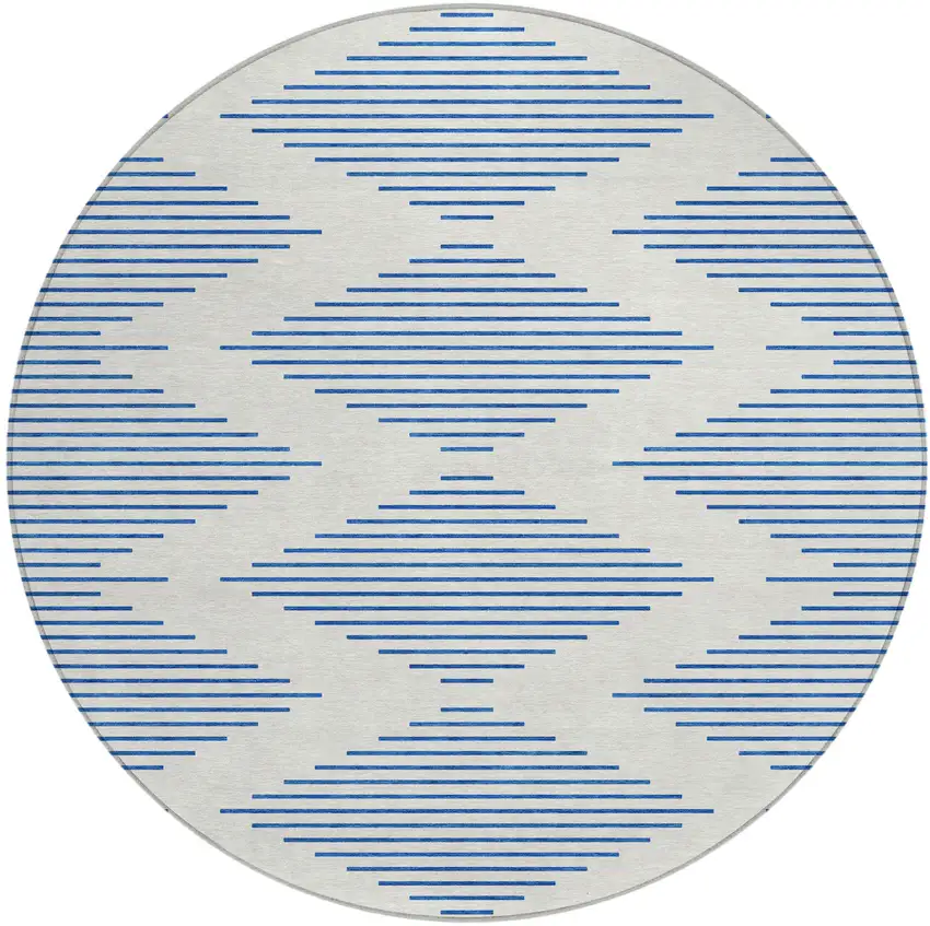 8' Ivory And Blue Round Geometric Washable Indoor Outdoor Area Rug Photo 2