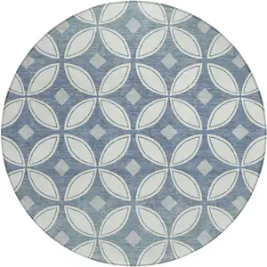 Photo of 8' Ivory And Blue Round Geometric Washable Indoor Outdoor Area Rug