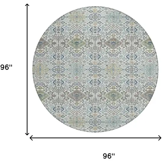8' Ivory And Blue Round Oriental Washable Indoor Outdoor Area Rug Photo 8