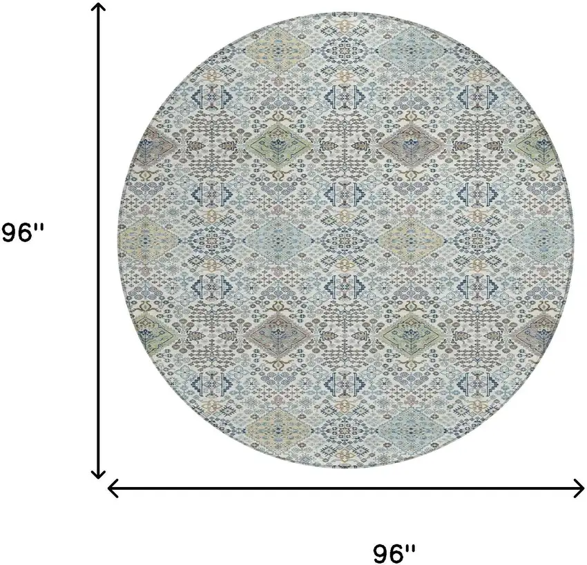 8' Ivory And Blue Round Oriental Washable Indoor Outdoor Area Rug Photo 8