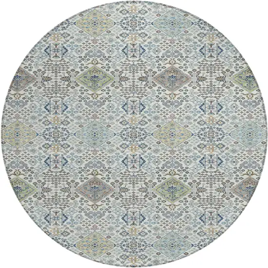 8' Ivory And Blue Round Oriental Washable Indoor Outdoor Area Rug Photo 1