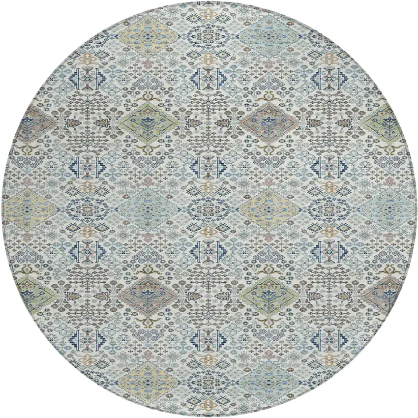 8' Ivory And Blue Round Oriental Washable Indoor Outdoor Area Rug Photo 1