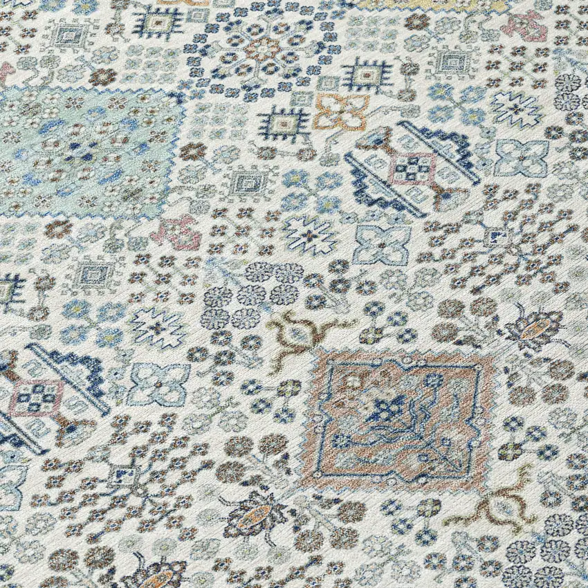 8' Ivory And Blue Round Oriental Washable Indoor Outdoor Area Rug Photo 7