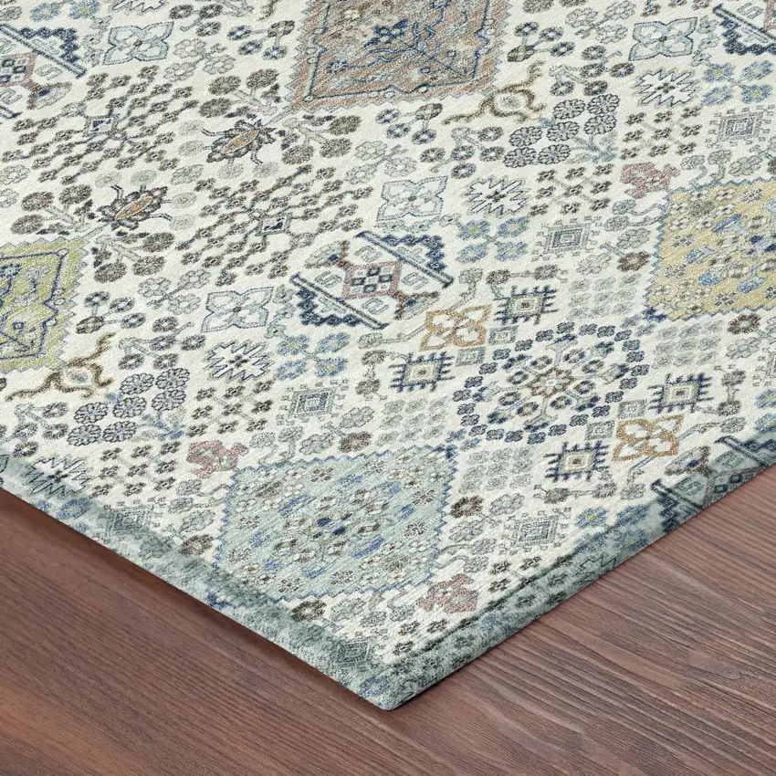 8' Ivory And Blue Round Oriental Washable Indoor Outdoor Area Rug Photo 6