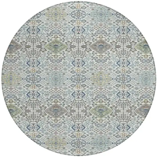 8' Ivory And Blue Round Oriental Washable Indoor Outdoor Area Rug Photo 3