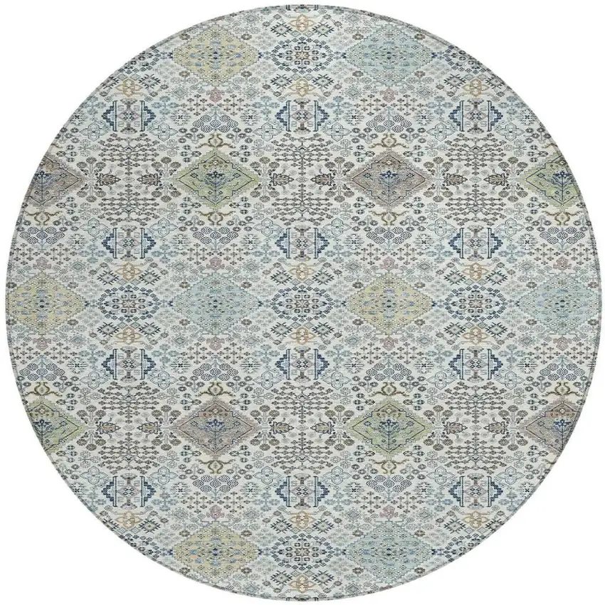 8' Ivory And Blue Round Oriental Washable Indoor Outdoor Area Rug Photo 3