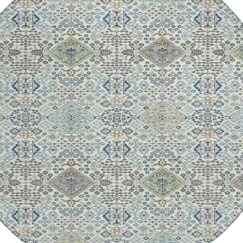8' Ivory And Blue Round Oriental Washable Indoor Outdoor Area Rug Photo 2