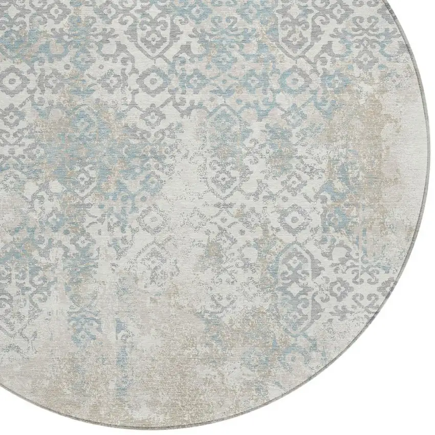 8' Ivory And Blue Round Oriental Washable Indoor Outdoor Area Rug Photo 3