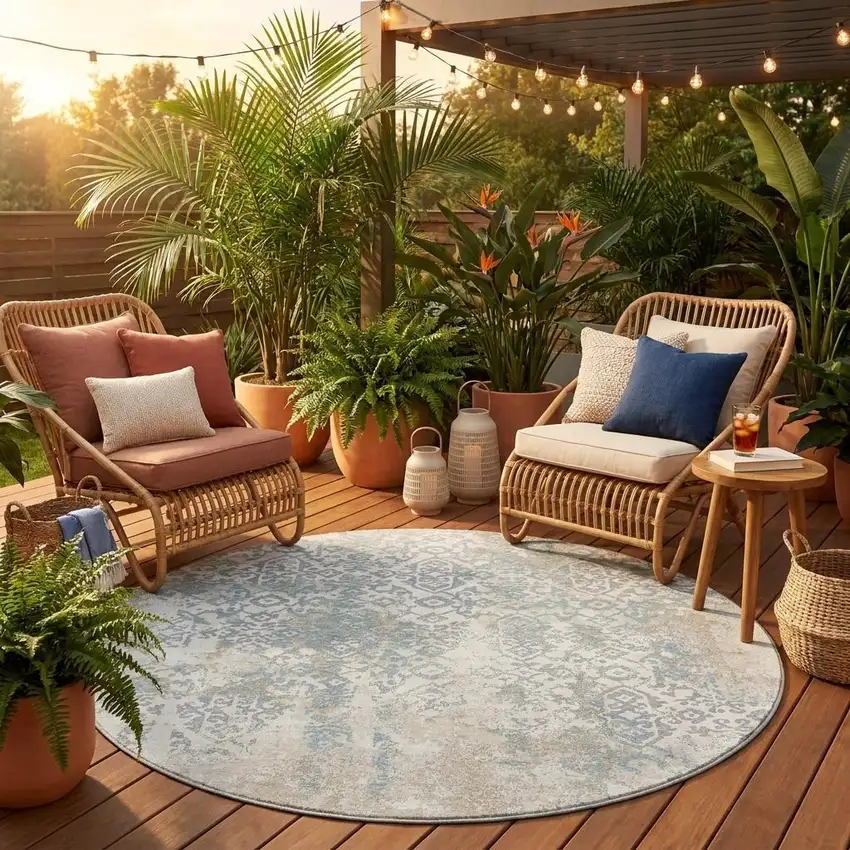 8' Ivory And Blue Round Oriental Washable Indoor Outdoor Area Rug Photo 1