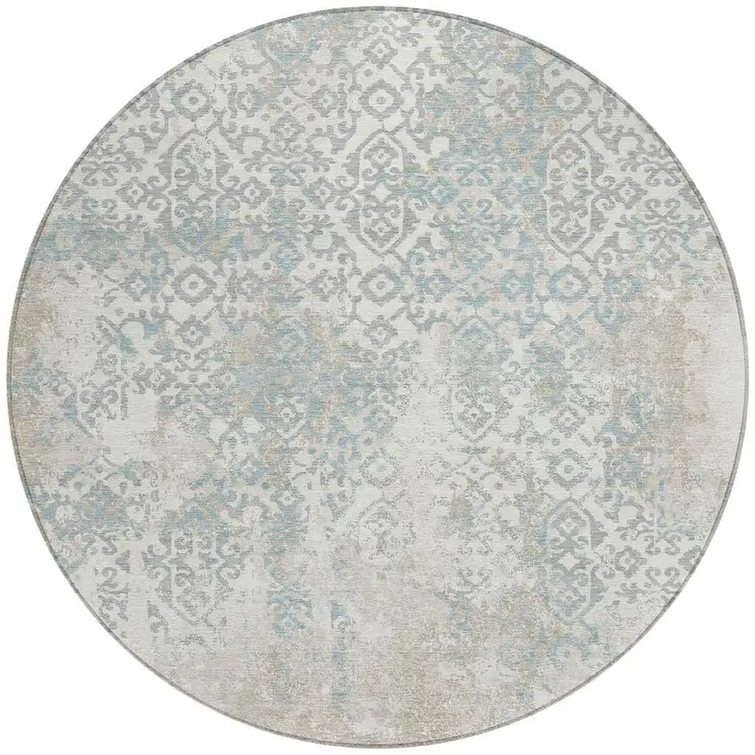 8' Ivory And Blue Round Oriental Washable Indoor Outdoor Area Rug Photo 4