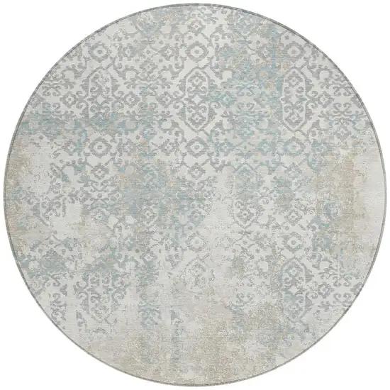 8' Ivory And Blue Round Oriental Washable Indoor Outdoor Area Rug Photo 4