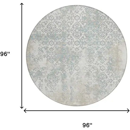 8' Ivory And Blue Round Oriental Washable Indoor Outdoor Area Rug Photo 7