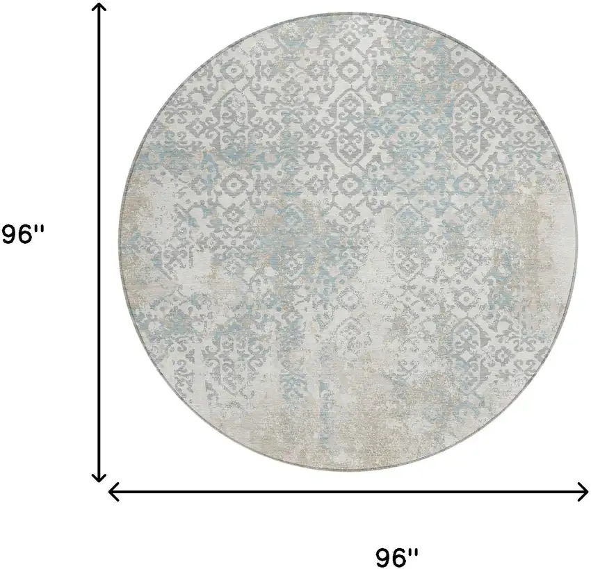 8' Ivory And Blue Round Oriental Washable Indoor Outdoor Area Rug Photo 7