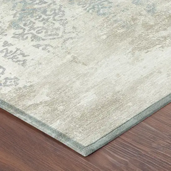 8' Ivory And Blue Round Oriental Washable Indoor Outdoor Area Rug Photo 5