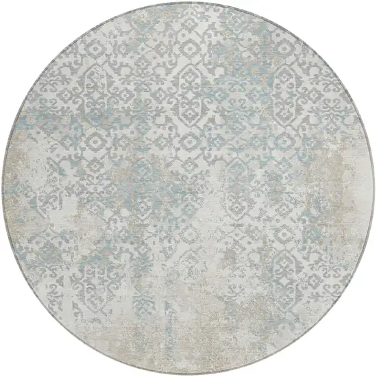 8' Ivory And Blue Round Oriental Washable Indoor Outdoor Area Rug Photo 2