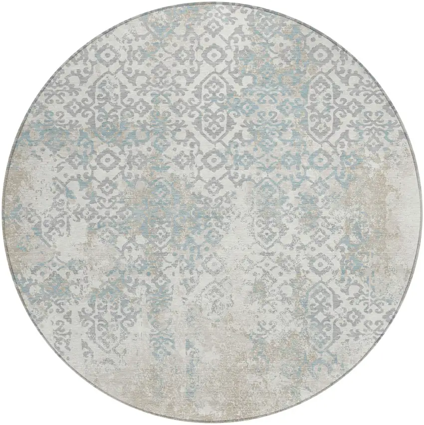 8' Ivory And Blue Round Oriental Washable Indoor Outdoor Area Rug Photo 2