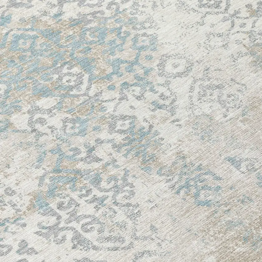 8' Ivory And Blue Round Oriental Washable Indoor Outdoor Area Rug Photo 6