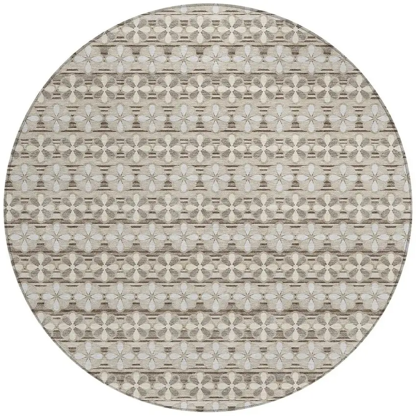 8' Ivory And Blue Round Striped Washable Indoor Outdoor Area Rug Photo 3