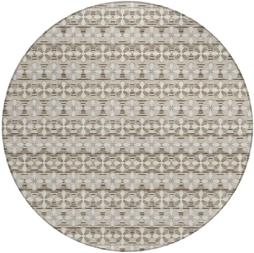 8' Ivory And Blue Round Striped Washable Indoor Outdoor Area Rug Photo 2