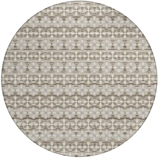 8' Ivory And Blue Round Striped Washable Indoor Outdoor Area Rug Photo 2
