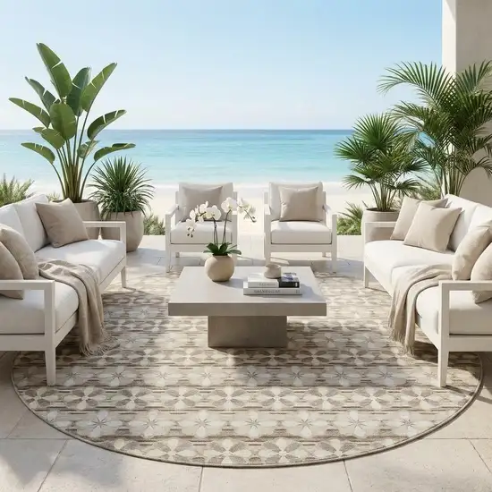8' Ivory And Blue Round Striped Washable Indoor Outdoor Area Rug Photo 1