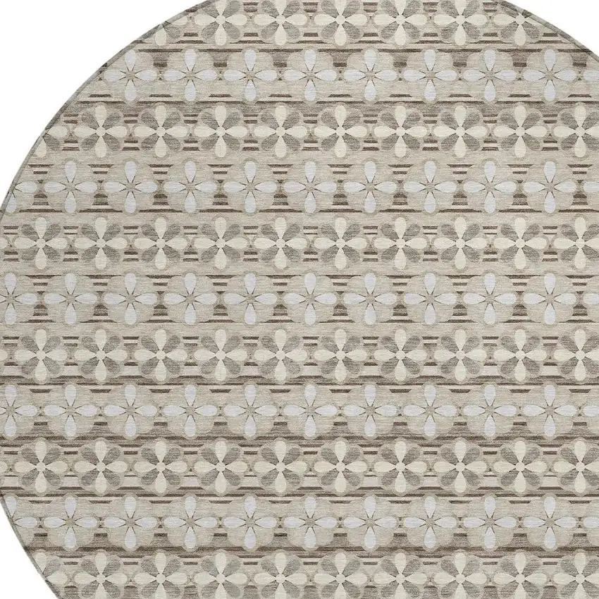 8' Ivory And Blue Round Striped Washable Indoor Outdoor Area Rug Photo 5