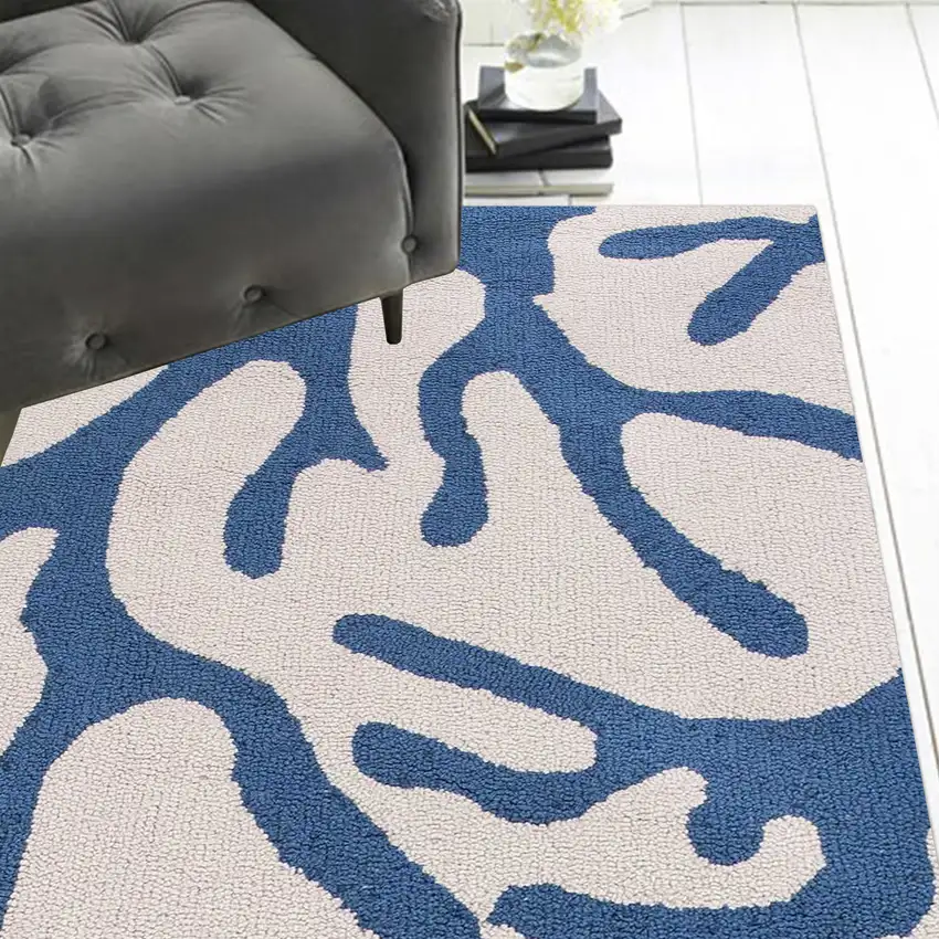 8' Ivory And Blue Runner Rug Photo 2