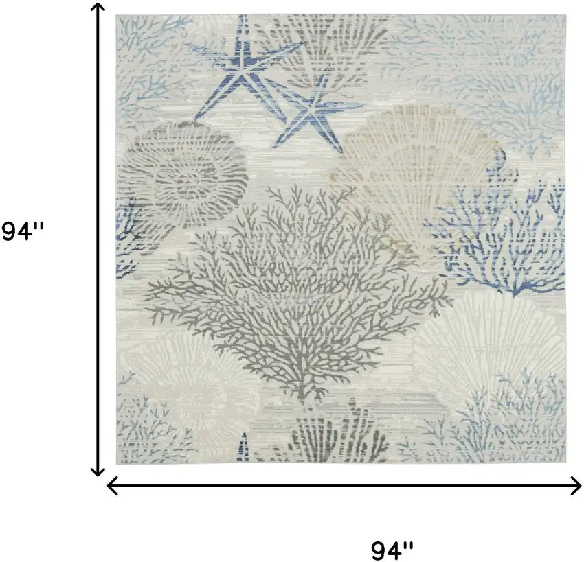 8' Ivory And Blue Seashell and Coral Square Rug Photo 3