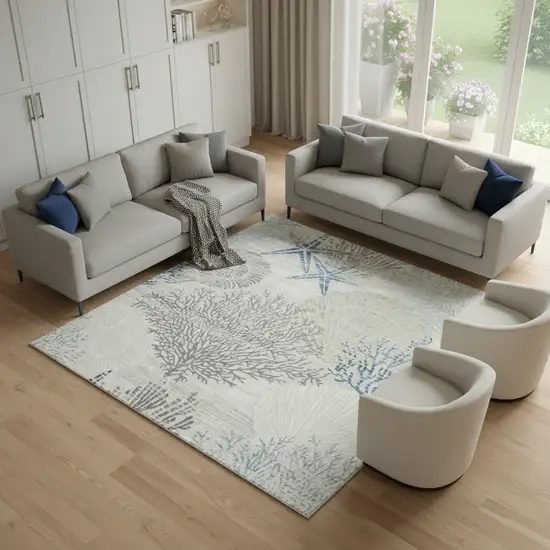 8' Ivory And Blue Seashell and Coral Square Rug Photo 1