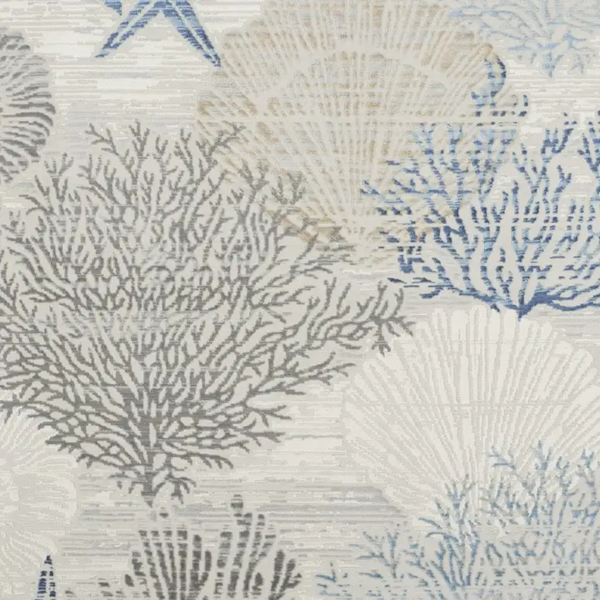 8' Ivory And Blue Seashell and Coral Square Rug Photo 6