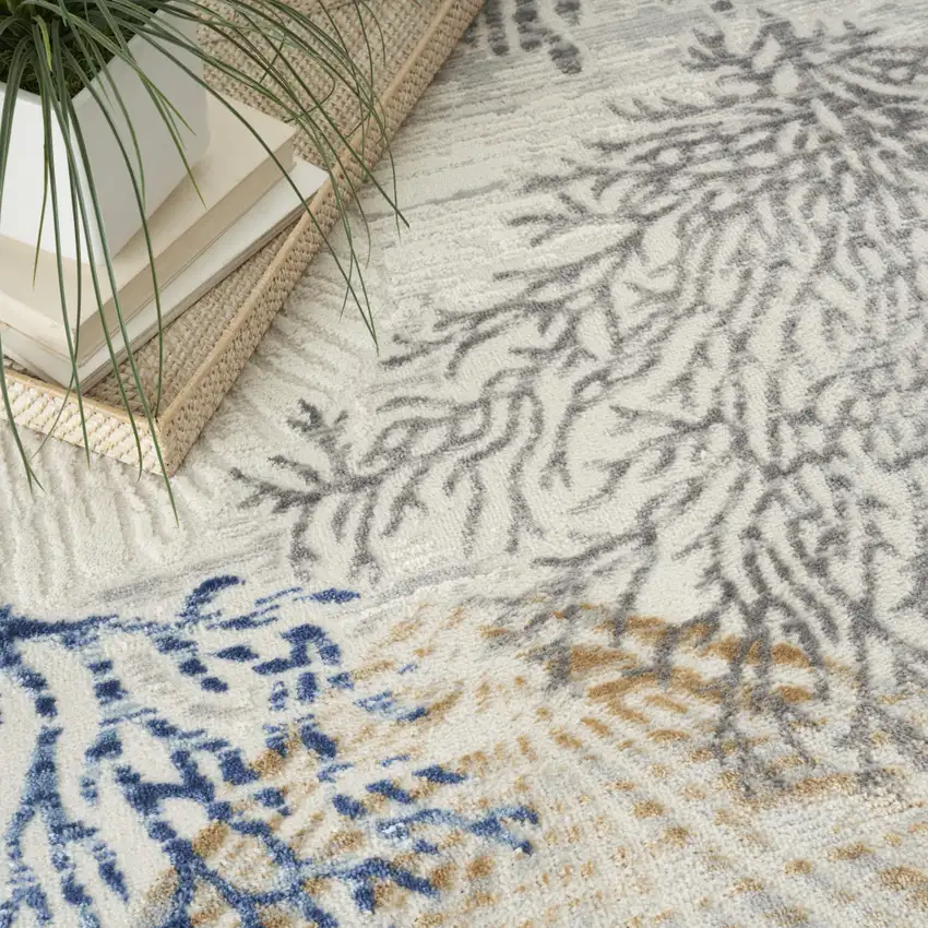 8' Ivory And Blue Seashell and Coral Square Rug Photo 2