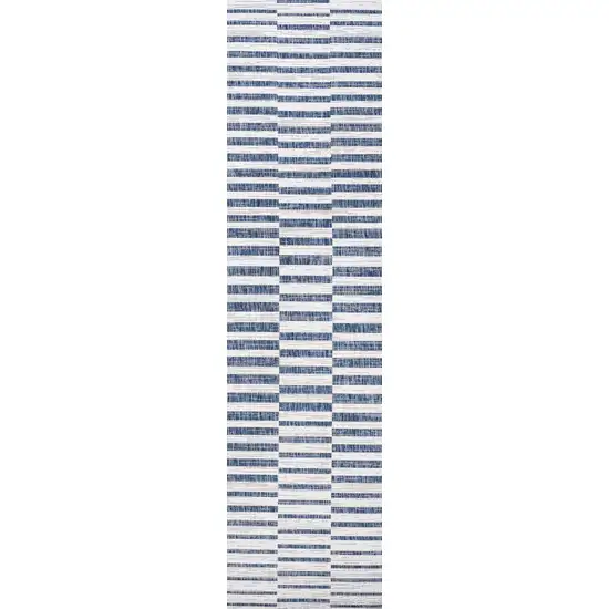 10' Ivory And Blue Striped Indoor Outdoor Runner Rug Photo 4