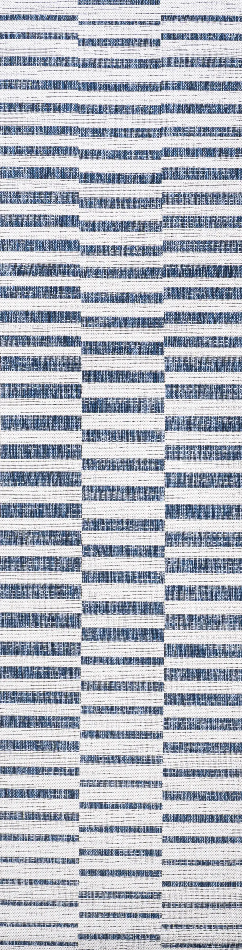 10' Ivory And Blue Striped Indoor Outdoor Runner Rug Photo 4