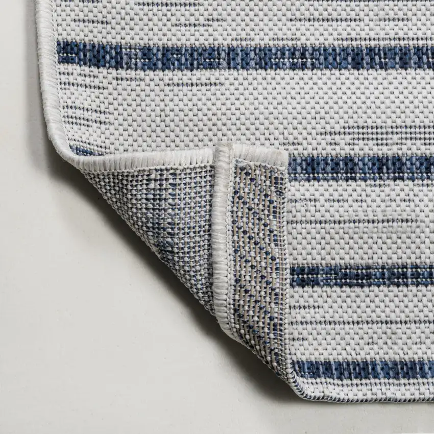 10' Ivory And Blue Striped Indoor Outdoor Runner Rug Photo 9