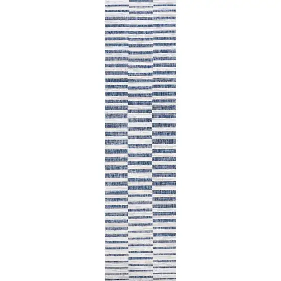 10' Ivory And Blue Striped Indoor Outdoor Runner Rug Photo 2