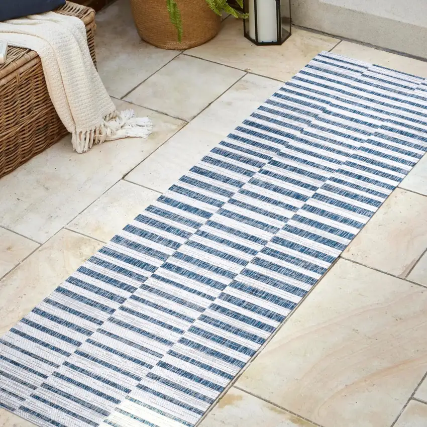 10' Ivory And Blue Striped Indoor Outdoor Runner Rug Photo 6