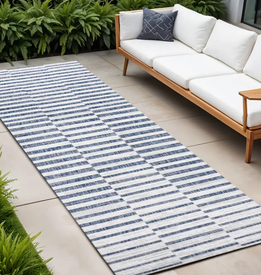 10' Ivory And Blue Striped Indoor Outdoor Runner Rug Photo 1