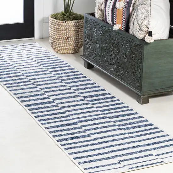 10' Ivory And Blue Striped Indoor Outdoor Runner Rug Photo 5
