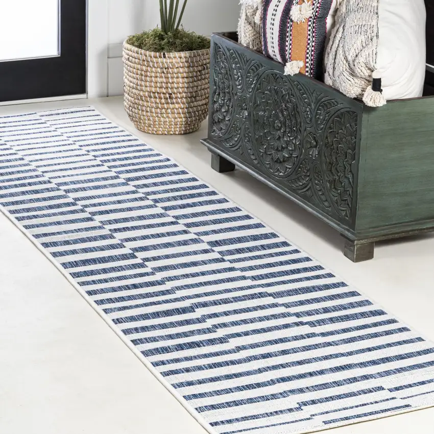 10' Ivory And Blue Striped Indoor Outdoor Runner Rug Photo 5
