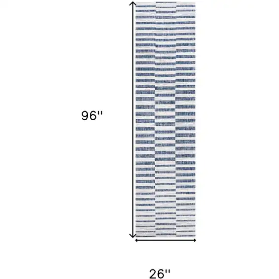8' Ivory And Blue Striped Indoor Outdoor Runner Rug Photo 3