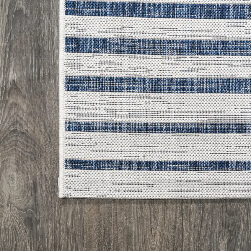 8' Ivory And Blue Striped Indoor Outdoor Runner Rug Photo 9
