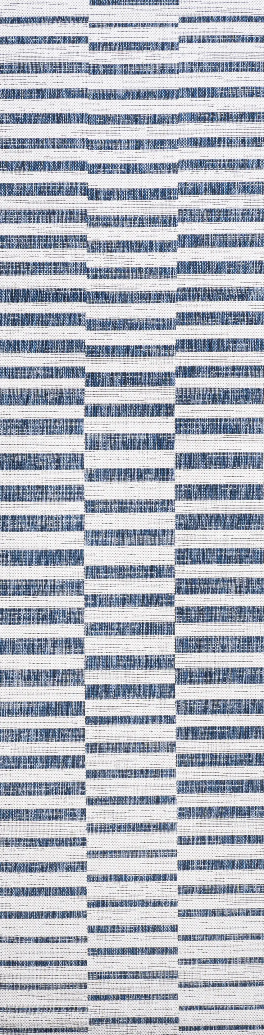8' Ivory And Blue Striped Indoor Outdoor Runner Rug Photo 2