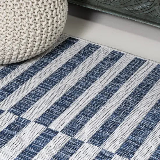 8' Ivory And Blue Striped Indoor Outdoor Runner Rug Photo 7