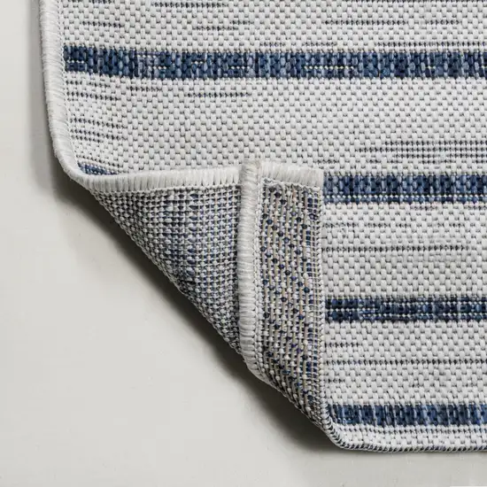 8' Ivory And Blue Striped Indoor Outdoor Runner Rug Photo 8