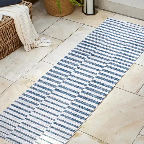 8' Ivory And Blue Striped Indoor Outdoor Runner Rug Photo 5